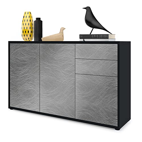 Vladon Sideboard Ben V3, Kommode mit 3 Türen und 2 Schubladen, Schwarz matt/Scratchy Metal (117 x 74 x 36 cm) von Vladon