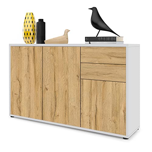 Vladon Sideboard Ben V3, Kommode mit 3 Türen und 2 Schubladen, Weiß matt/Eiche Natur (117 x 74 x 36 cm) von Vladon