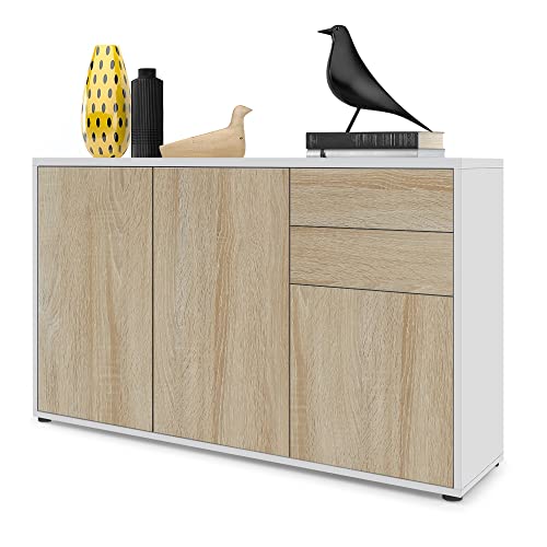 Vladon Sideboard Ben V3, Kommode mit 3 Türen und 2 Schubladen, Weiß matt/Eiche Sägegrau (117 x 74 x 36 cm) von Vladon