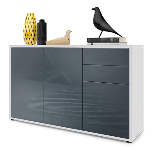 Vladon Sideboard Ben V3, Kommode mit 3 Türen und 2 Schubladen, Weiß matt/Grau Hochglanz (117 x 74 x 36 cm) von Vladon