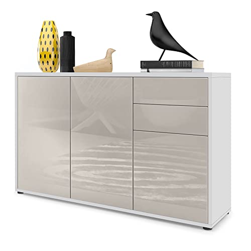 Vladon Sideboard Ben V3, Kommode mit 3 Türen und 2 Schubladen, Weiß matt/Sandgrau Hochglanz (117 x 74 x 36 cm) von Vladon