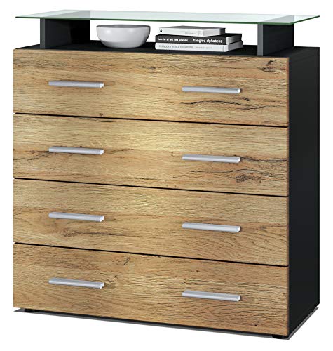 Vladon Sideboard Pavos V2, Kommode mit 4 Schubladen und Glasablage, Schwarz matt/Eiche Natur (76 x 81 x 35 cm) von Vladon