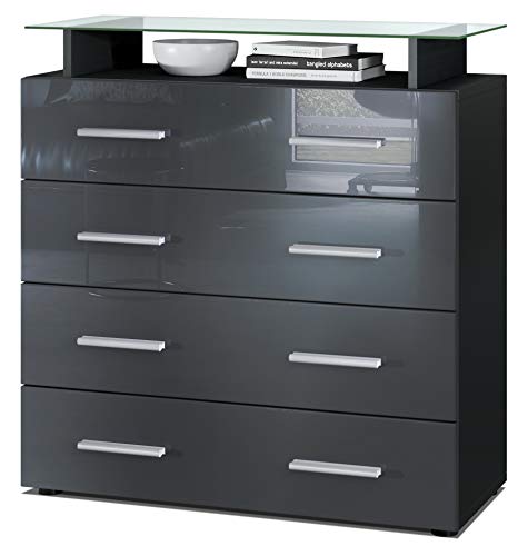 Vladon Sideboard Pavos V2, Kommode mit 4 Schubladen und Glasablage, Schwarz matt/Grau Hochglanz (76 x 81 x 35 cm) Vladon Sideboard Pavos V2, Kommode mit 4 Schubladen und Glasablage, Schwarz matt/Grau Hochglanz (76 x 81 x 35 cm) von Vladon