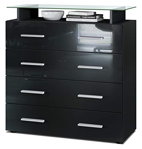 Vladon Sideboard Pavos V2, Kommode mit 4 Schubladen und Glasablage, Schwarz matt/Schwarz Hochglanz (76 x 81 x 35 cm) von Vladon