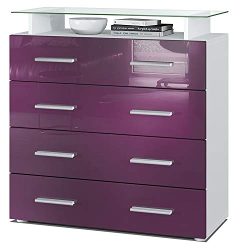 Vladon Sideboard Pavos V2, Kommode mit 4 Schubladen und Glasablage, Weiß matt/Brombeer Hochglanz (76 x 81 x 35 cm) von Vladon