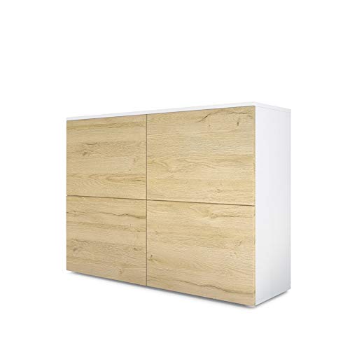 Vladon Sideboard Rova, Made in Germany, Kommode mit 4 Türen, Weiß matt/Eiche Natur (92 x 72 x 35 cm) von Vladon
