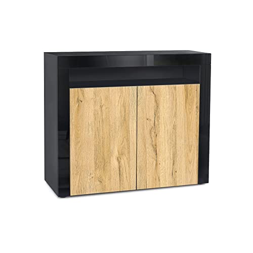 Vladon Kommode Valencia, Made in Germany, Sideboard mit 2 Türen und 1 offenem Fach, Schwarz matt/Eiche Natur/Schwarz Hochglanz (108 x 92 x 40 cm) von Vladon