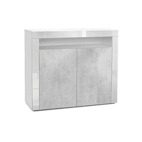 Vladon Kommode Valencia, Made in Germany, Sideboard mit 2 Türen und 1 offenem Fach, Weiß matt/Beton Oxid Optik/Weiß Hochglanz (108 x 92 x 40 cm) von Vladon