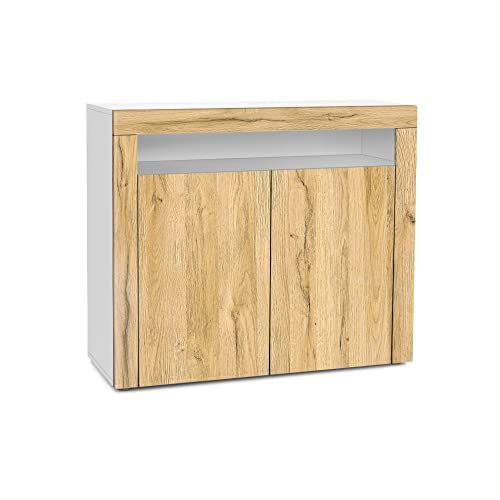 Vladon Kommode Valencia, Made in Germany, Sideboard mit 2 Türen und 1 offenem Fach, Weiß matt/Eiche Natur/Eiche Natur (108 x 92 x 40 cm) von Vladon