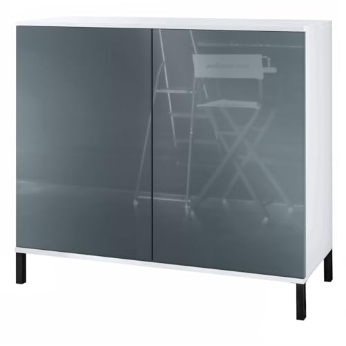 Vladon Kommode Skadu V3, Moderner Küchenschrank mit 2 großen Türen Weiß matt/Grau Hochglanz (92,5 x 83.5 x 35) von Vladon