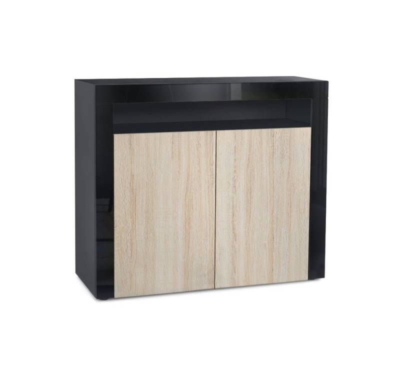 Vladon Kommode Valencia (Kommode, Sideboard mit 2 Türen und 1 offenem Fach), Schwarz matt/Eiche sägerau/Schwarz Hochglanz (108 x 92 x 40 cm) von Vladon