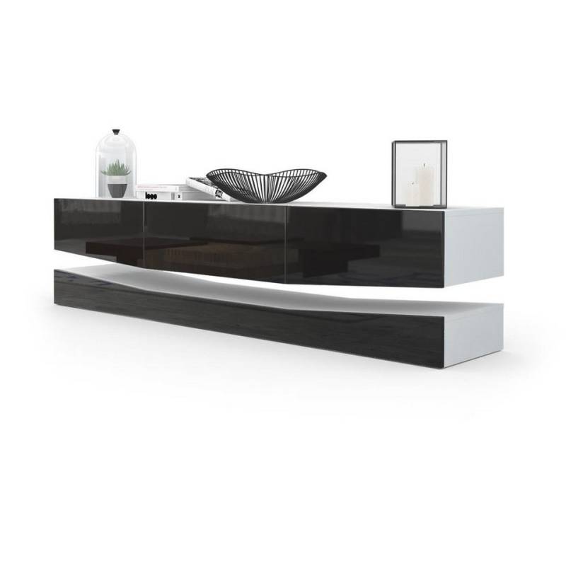 Vladon Lowboard City (TV-Kommode mit Sockelelement, 1 offenem Fach und 3 Schubkästen), Weiß matt/Schwarz Hochglanz (178 x variabel x 39 cm) von Vladon
