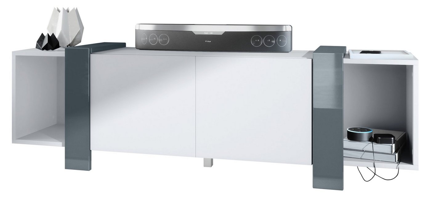 Vladon Lowboard Ida (TV-Kommode, mit 2 Türen und 2 offene Fächer), Weiß matt/Grau Hochglanz (149 x 45,5 x 34 cm) von Vladon