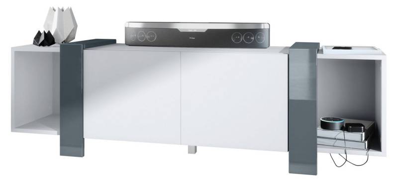 Vladon Lowboard Ida (TV-Kommode, mit 2 Türen und 2 offene Fächer), Weiß matt/Grau Hochglanz (149 x 45,5 x 34 cm) von Vladon
