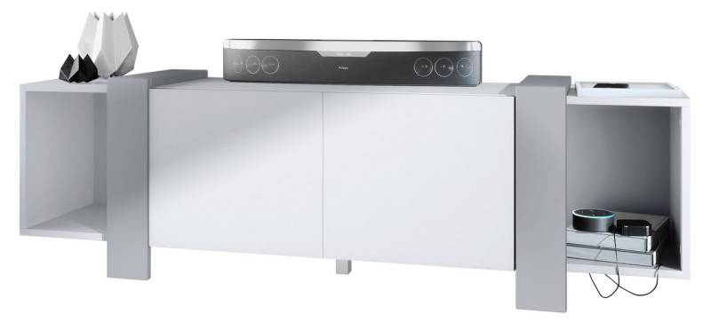Vladon Lowboard Ida (TV-Kommode, mit 2 Türen und 2 offene Fächer), Weiß matt/Hellgrau seidenmatt (149 x 45,5 x 34 cm) von Vladon