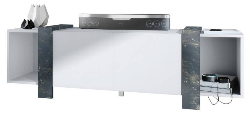 Vladon Lowboard Ida (TV-Kommode, mit 2 Türen und 2 offene Fächer), Weiß matt/Marmor Graphit (149 x 45,5 x 34 cm) von Vladon