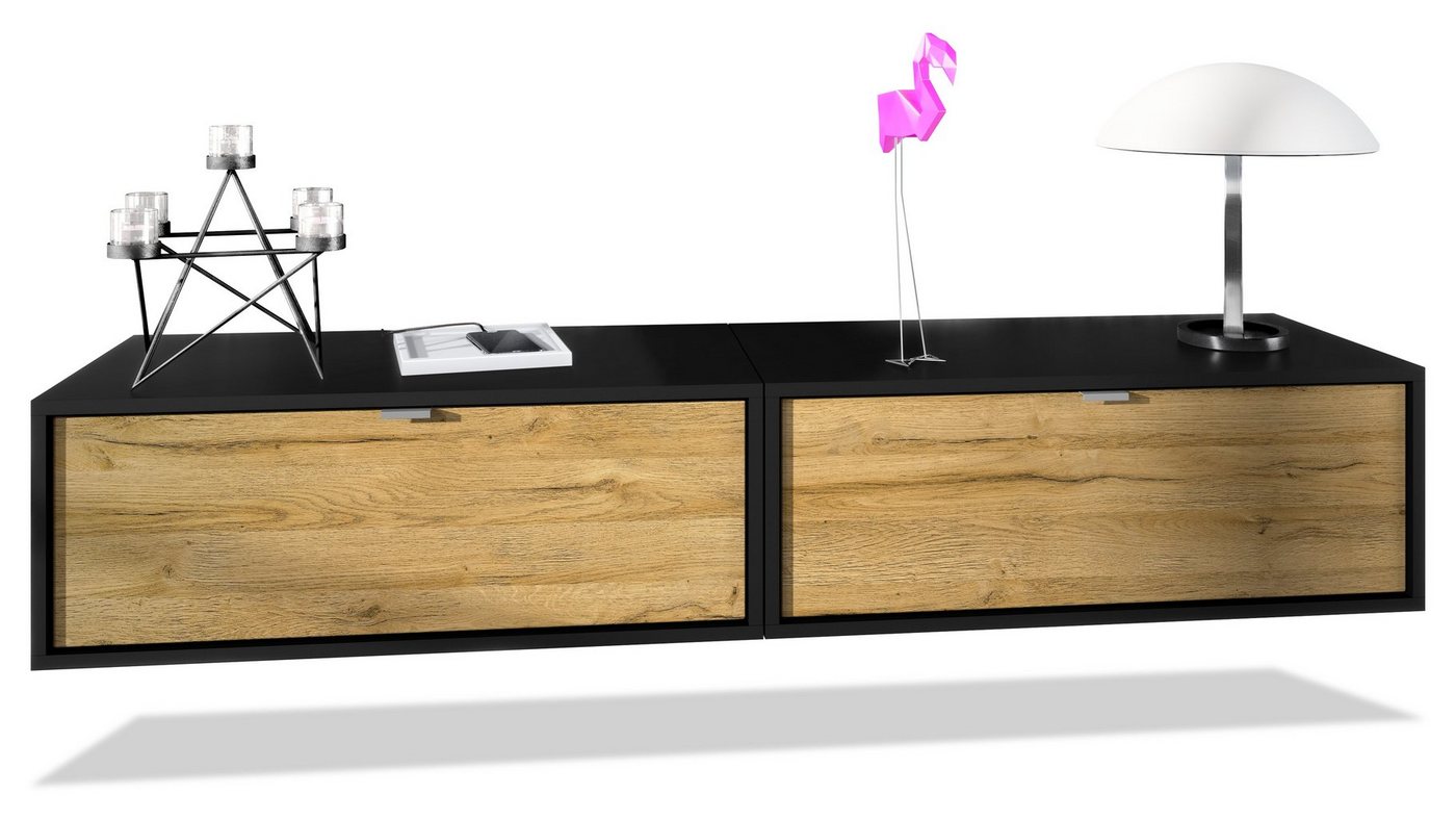 Vladon Lowboard Lana 800 (2er-Set Tv-Kommode, mit Klappe), Schwarz matt/Eiche Natur (80 x 29 x 37 cm) von Vladon