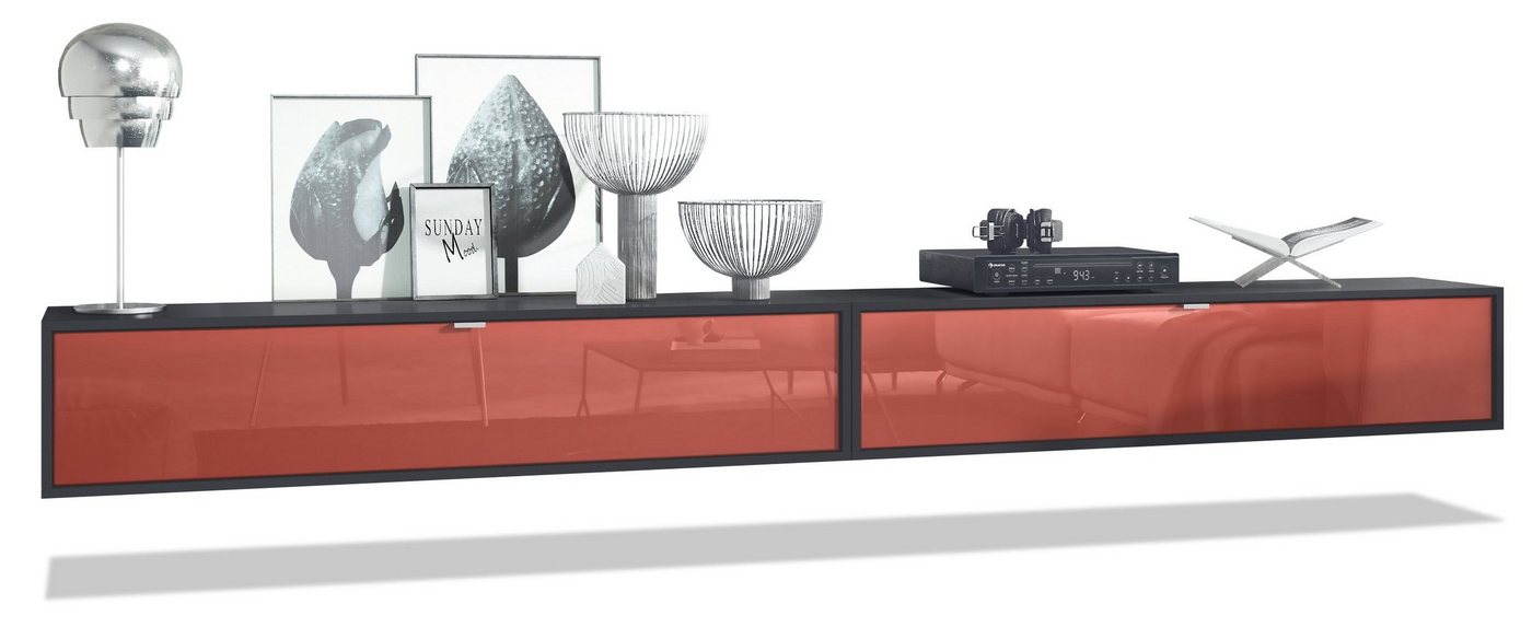 Vladon Lowboard Lana 1400 (2er-Set Tv-Kommode, mit Klappe dahinter 3 Fächer), Schwarz matt/Bordeaux Hochglanz (140 x 29 x 37 cm) von Vladon