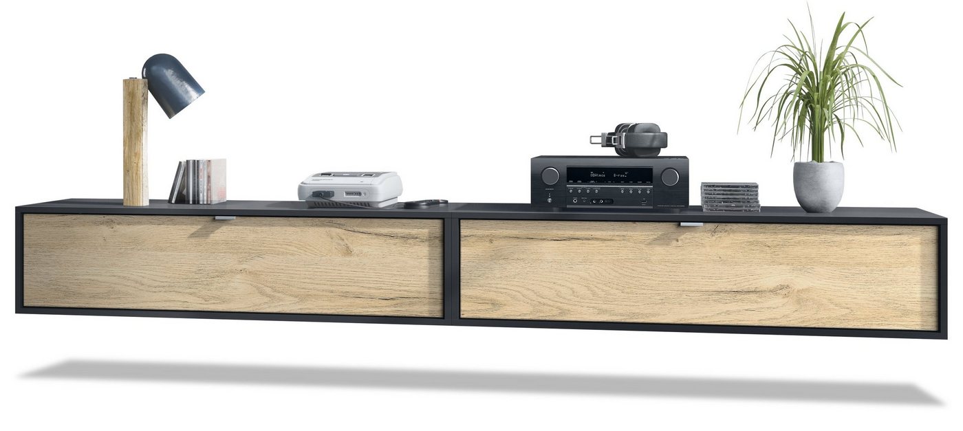Vladon Lowboard Lana 1200 (2er-Set Tv-Kommode, mit Klappe dahinter 3 Fächer), Schwarz matt/Eiche Natur (120 x 29 x 37 cm) von Vladon