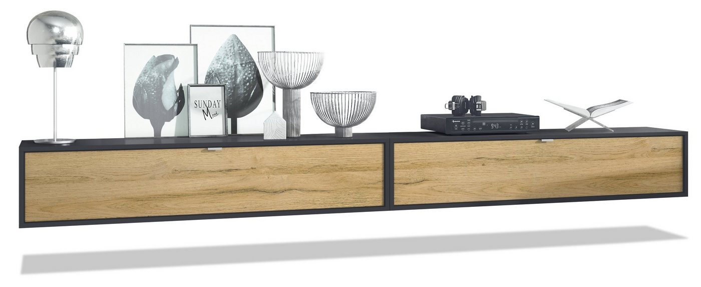 Vladon Lowboard Lana 1400 (2er-Set Tv-Kommode, mit Klappe dahinter 3 Fächer), Schwarz matt/Eiche Natur (140 x 29 x 37 cm) von Vladon