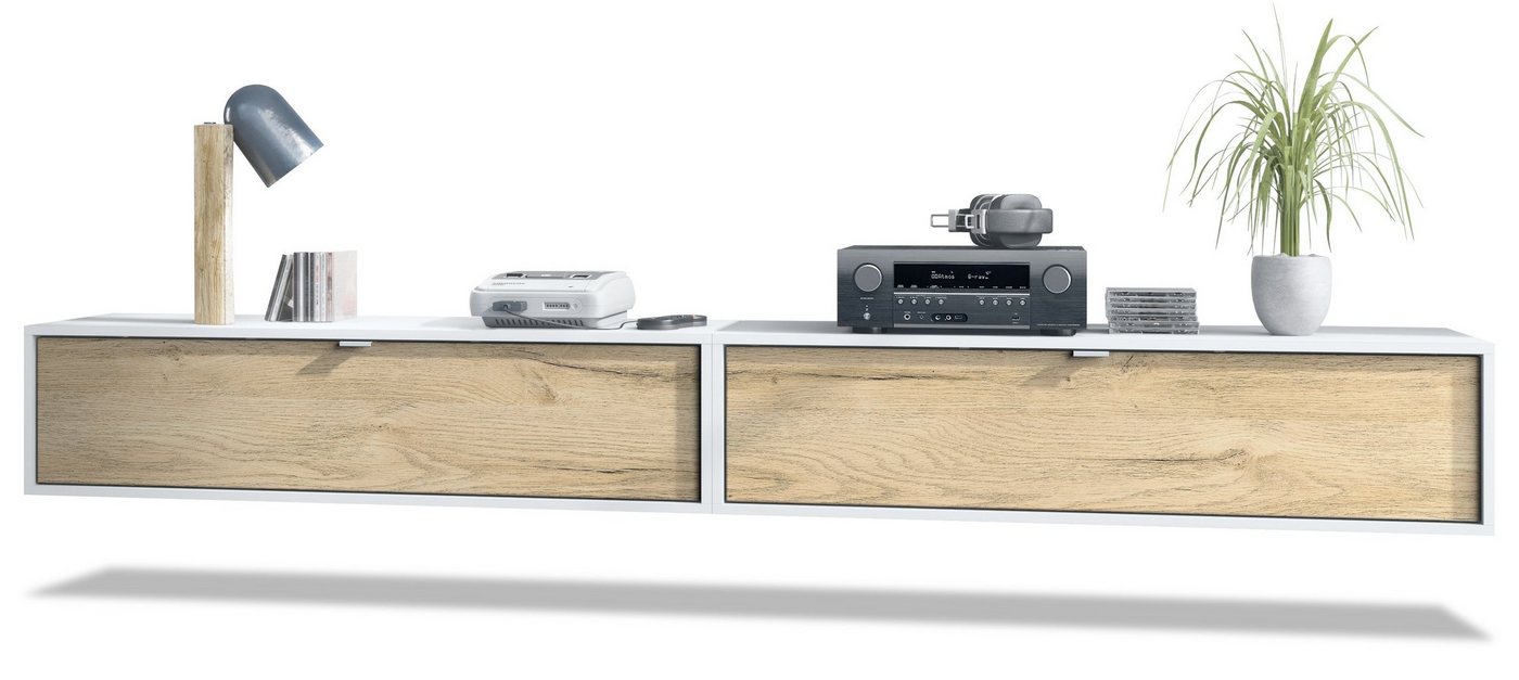 Vladon Lowboard Lana 1200 (2er-Set Tv-Kommode, mit Klappe dahinter 3 Fächer), Weiß matt/Eiche Natur (120 x 29 x 37 cm) von Vladon