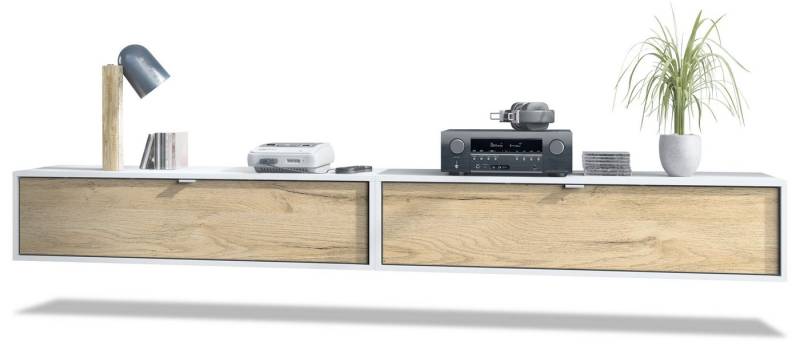 Vladon Lowboard Lana 1200 (2er-Set Tv-Kommode, mit Klappe dahinter 3 Fächer), Weiß matt/Eiche Natur (120 x 29 x 37 cm) von Vladon