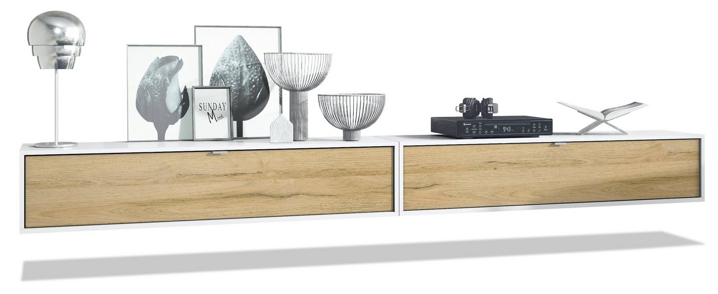 Vladon Lowboard Lana 1400 (2er-Set Tv-Kommode, mit Klappe dahinter 3 Fächer), Weiß matt/Eiche Natur (140 x 29 x 37 cm) von Vladon