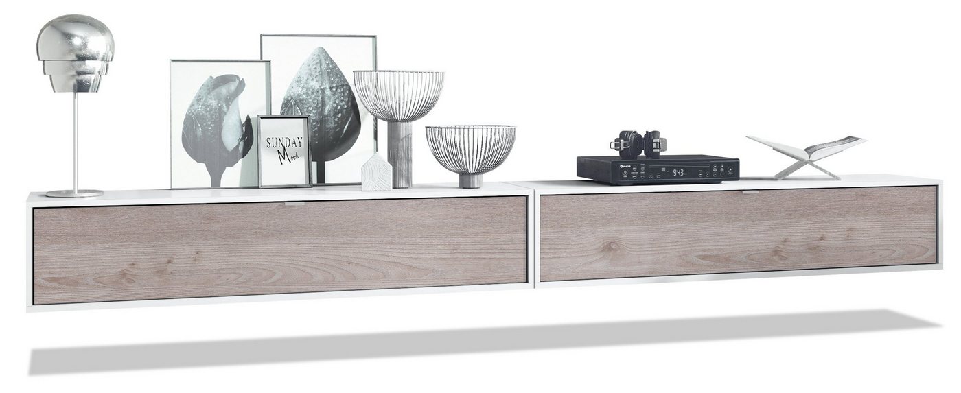 Vladon Lowboard Lana 1400 (2er-Set Tv-Kommode, mit Klappe dahinter 3 Fächer), Weiß matt/Eiche Nordic (140 x 29 x 37 cm) von Vladon