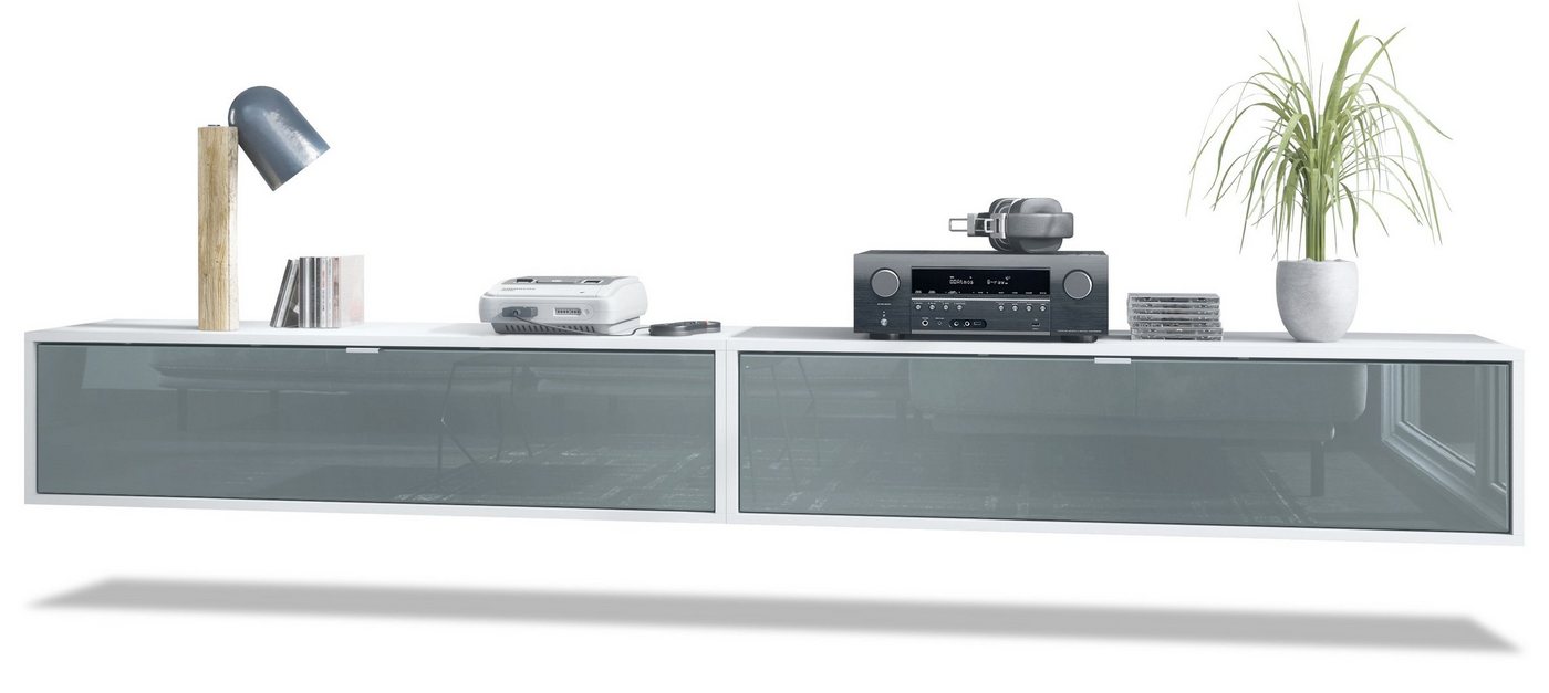 Vladon Lowboard Lana 1200 (2er-Set Tv-Kommode, mit Klappe dahinter 3 Fächer), Weiß matt/Grau Hochglanz (120 x 29 x 37 cm) von Vladon