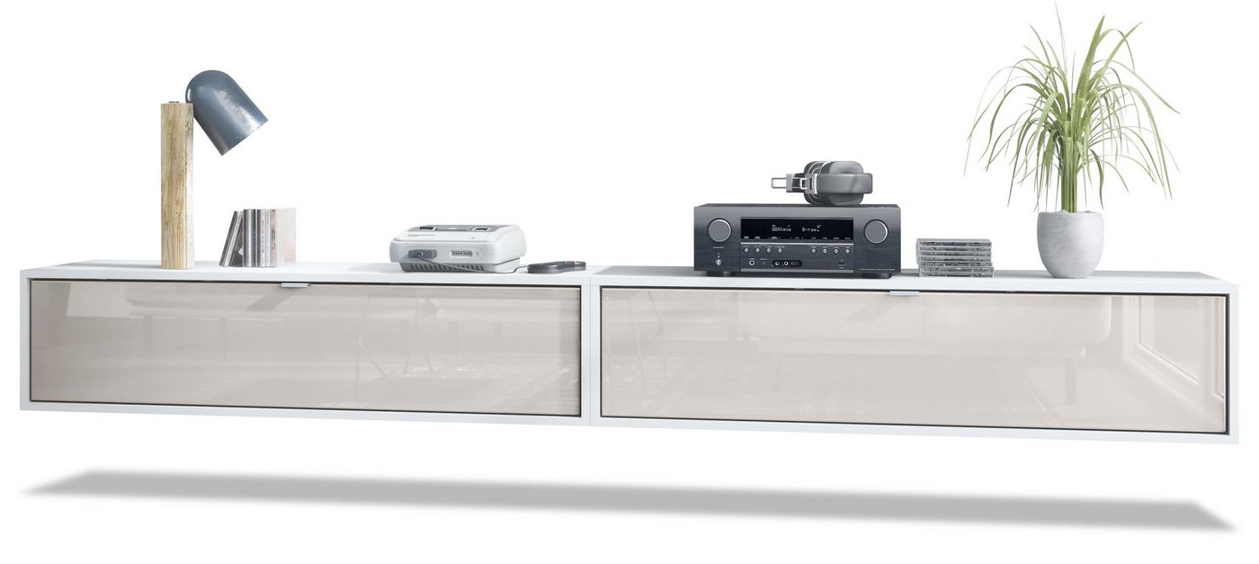 Vladon Lowboard Lana 1200 (2er-Set Tv-Kommode, mit Klappe dahinter 3 Fächer), Weiß matt/Sandgrau Hochglanz (120 x 29 x 37 cm) von Vladon
