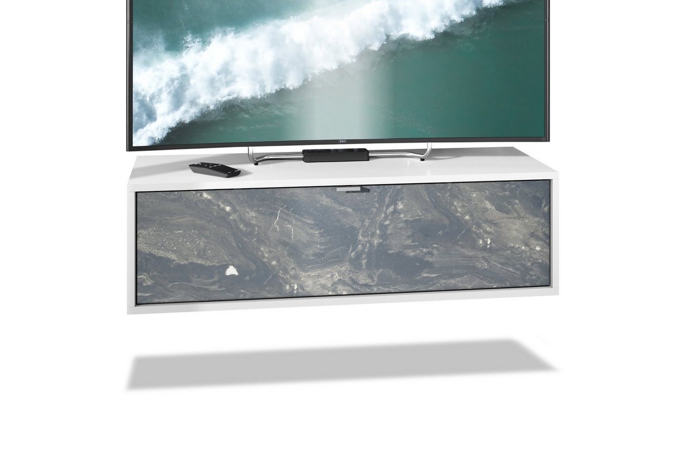 Vladon Lowboard Lana (TV-Kommode, mit Klappe), Weiß matt/Marmor Graphit (100 x 29 x 37 cm) von Vladon