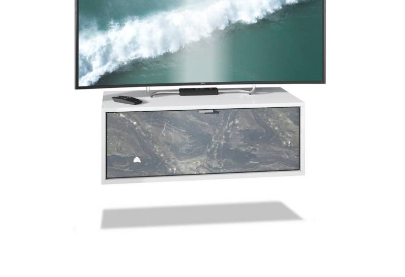 Vladon Lowboard Lana 800 (TV-Kommode, mit Klappe), Weiß matt/Marmor Graphit (80 x 29 x 37 cm) von Vladon