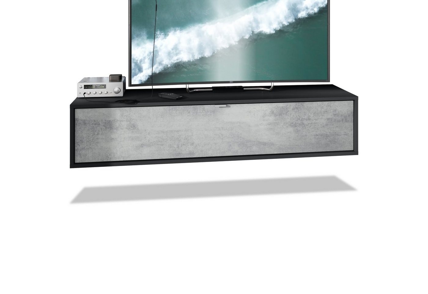 Vladon Lowboard Lana (TV-Kommode, mit Klappe dahinter 3 Fächer), Schwarz matt/Beton Oxid Optik (140 x 29 x 37 cm) von Vladon