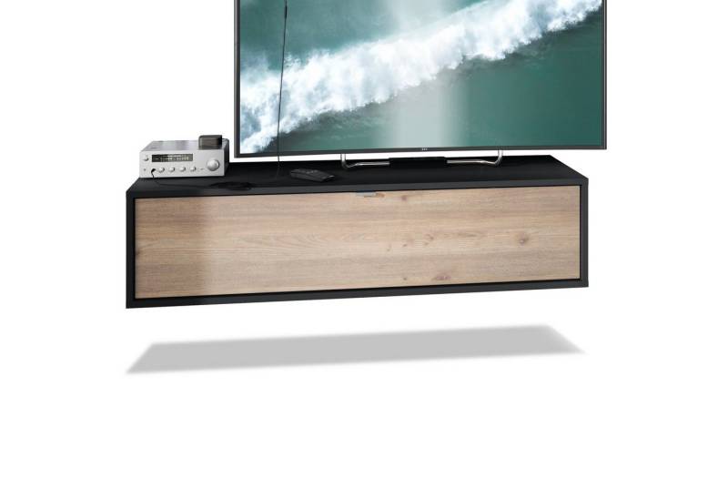 Vladon Lowboard Lana 1200 (TV-Kommode, mit Klappe dahinter 3 Fächer), Schwarz matt/Eiche Nordic (120 x 29 x 37 cm) von Vladon