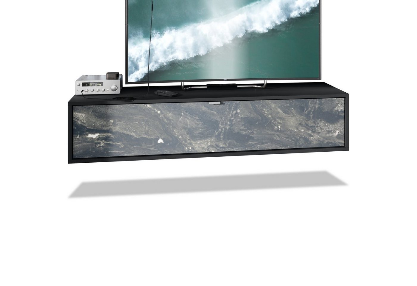 Vladon Lowboard Lana (TV-Kommode, mit Klappe dahinter 3 Fächer), Schwarz matt/Marmor Graphit (140 x 29 x 37 cm) von Vladon