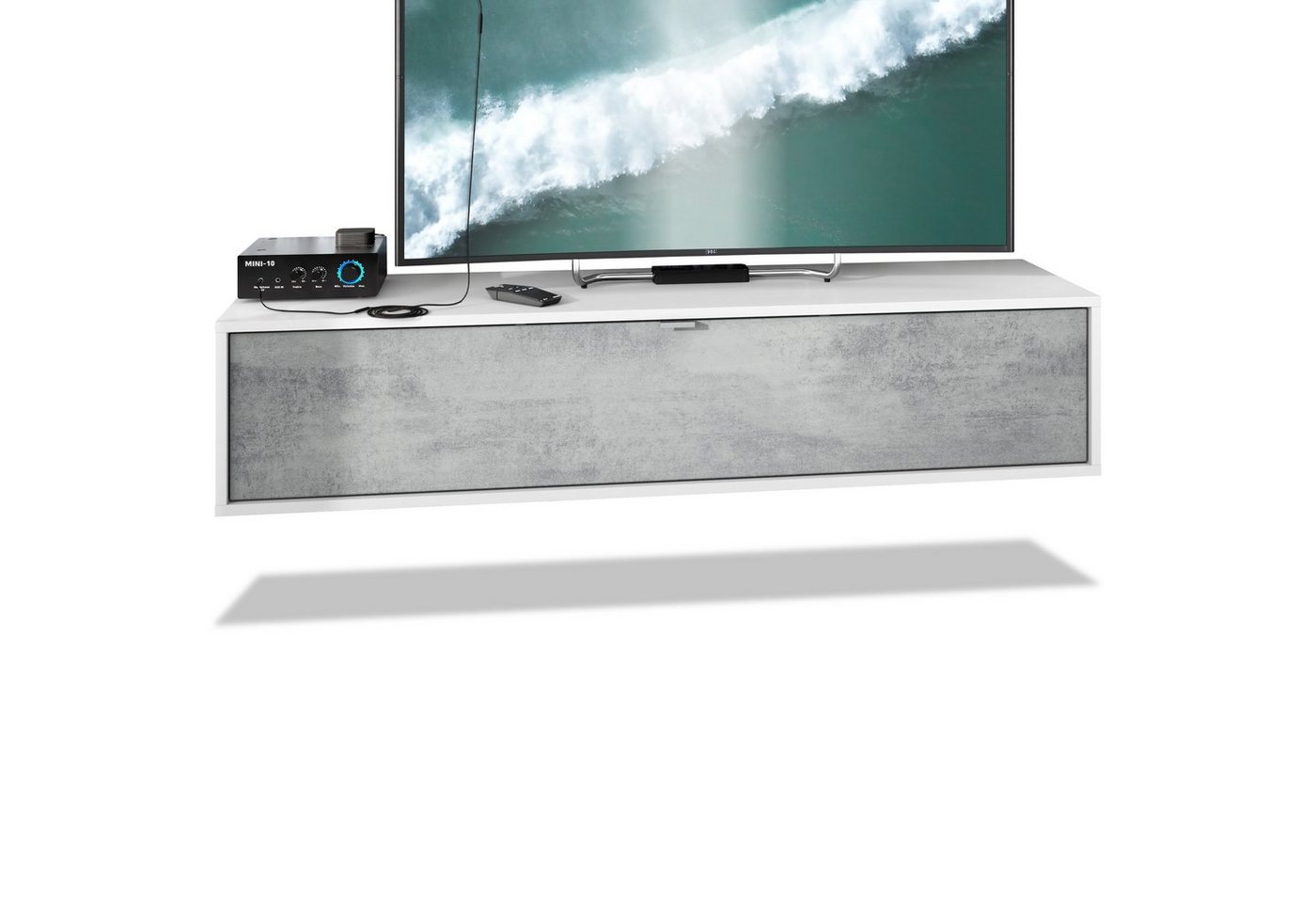 Vladon Lowboard Lana (TV-Kommode, mit Klappe dahinter 3 Fächer), Weiß matt/Beton Oxid Optik (140 x 29 x 37 cm) von Vladon