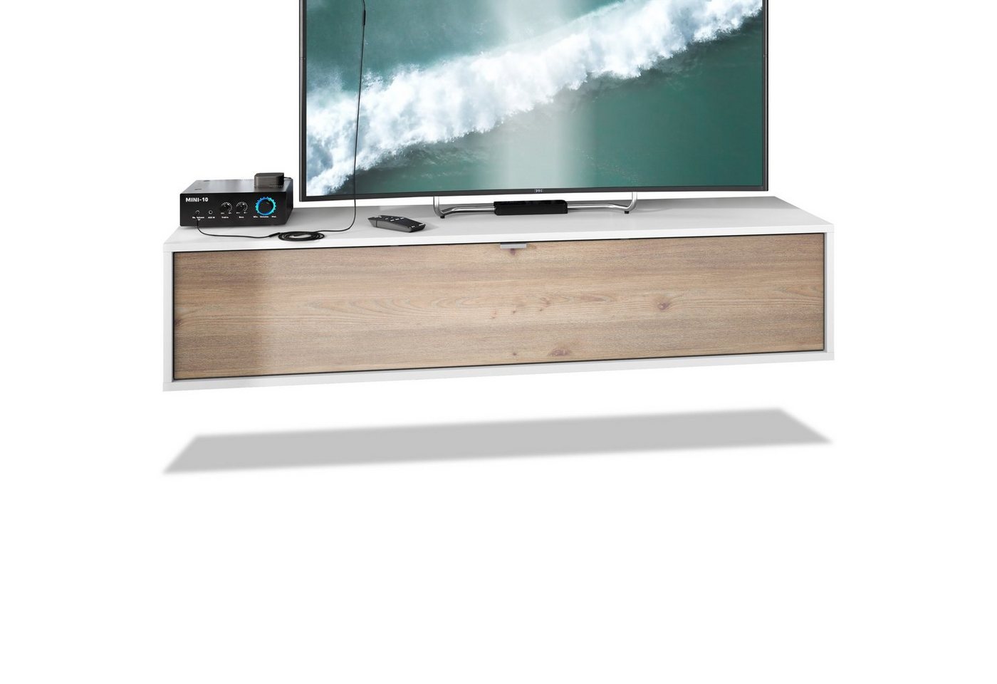Vladon Lowboard Lana (TV-Kommode, mit Klappe dahinter 3 Fächer), Weiß matt/Eiche Nordic (140 x 29 x 37 cm) von Vladon