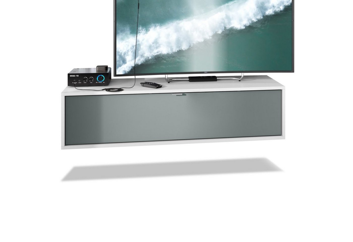 Vladon Lowboard Lana 1200 (TV-Kommode, mit Klappe dahinter 3 Fächer), Weiß matt/Graphit Seidenmatt (120 x 29 x 37 cm) von Vladon