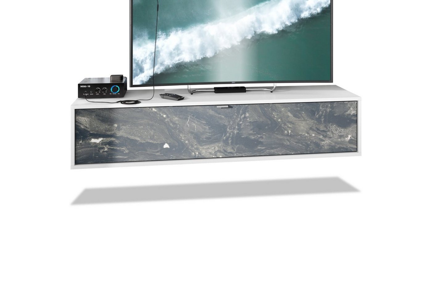 Vladon Lowboard Lana (TV-Kommode, mit Klappe dahinter 3 Fächer), Weiß matt/Marmor Graphit (140 x 29 x 37 cm) von Vladon