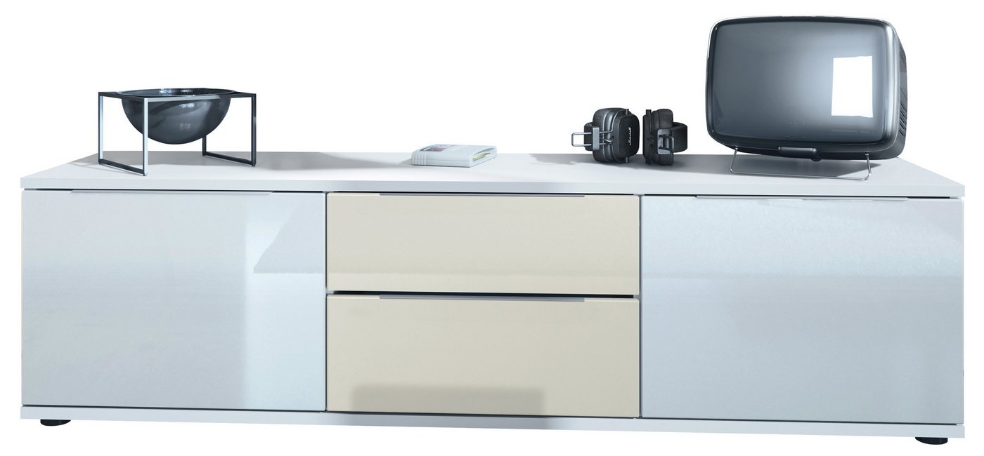 Vladon Lowboard Linio V1 (Fernsehtisch, mit 2 Türen und Schubladen), Weiß / Creme Hochglanz (138,5 x 37,5 x 35 cm) von Vladon
