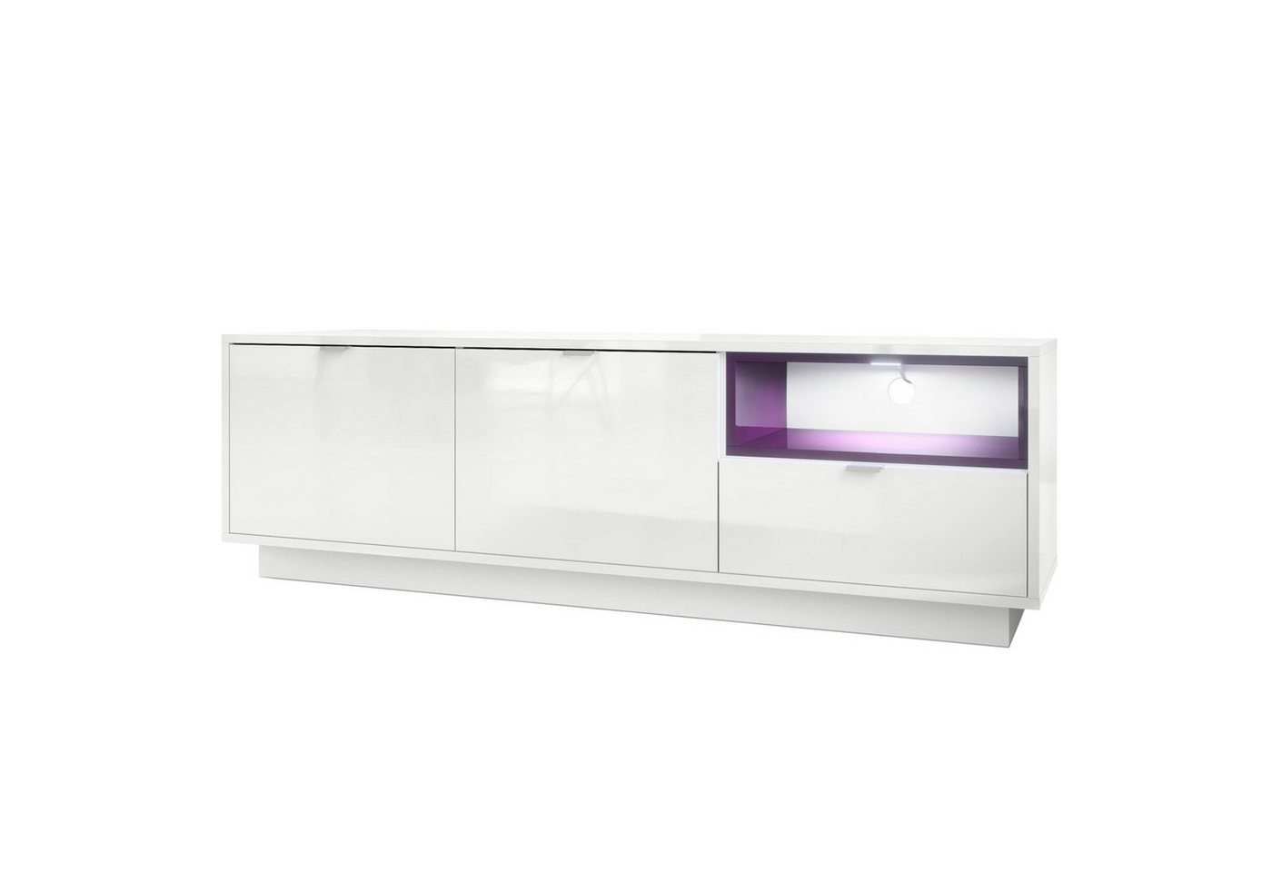 Vladon Lowboard Metro (Lowboard, mit 2 Türen, Schublade und offenem Fach), Weiß Hochglanz/Brombeer Hochglanz inkl. LED-Beleuchtung (153x48x37 cm) von Vladon