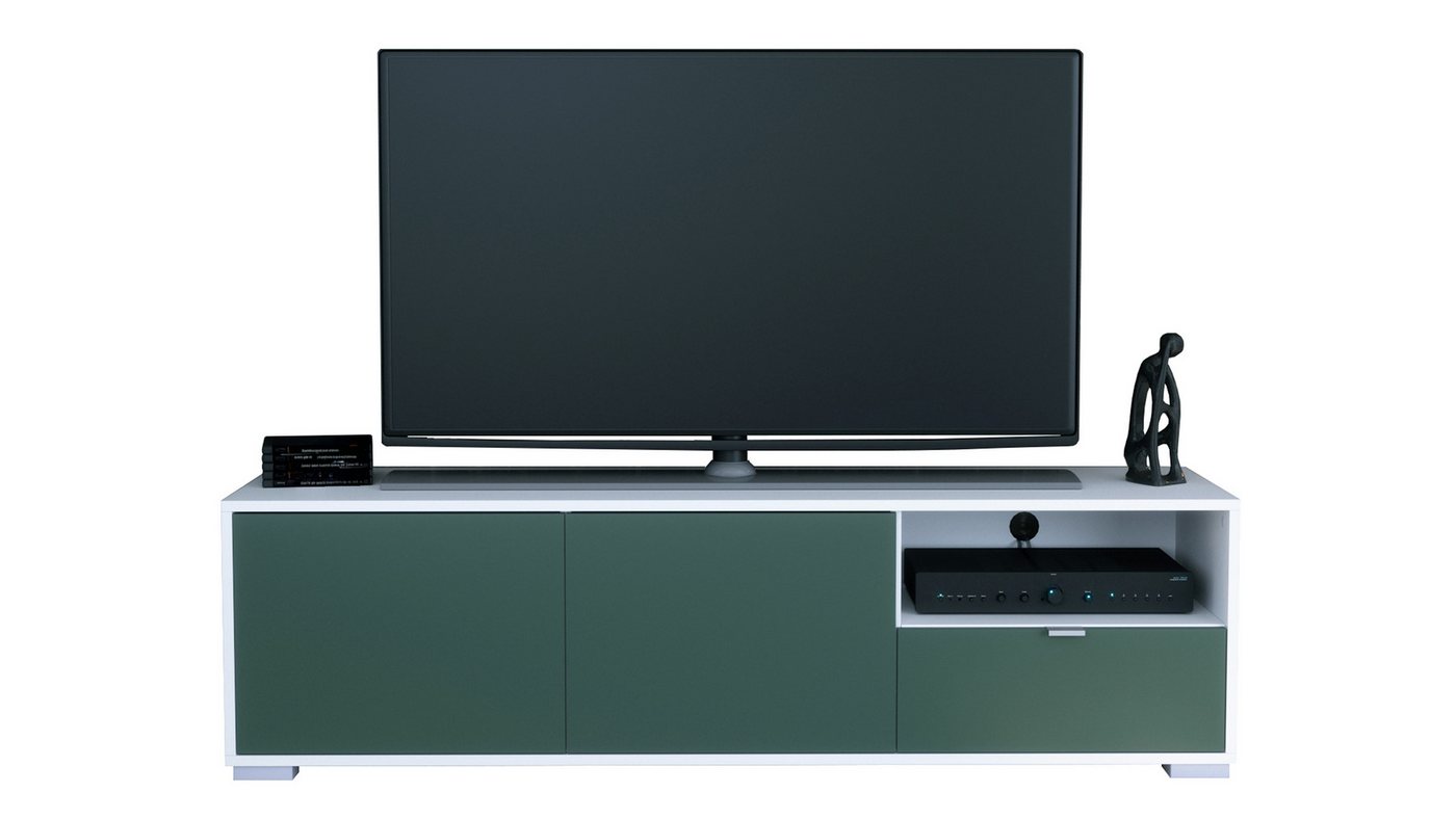 Vladon Lowboard Milano (Lowboard mit 2 Türen Fjord Grün, und 1 Schublade Fjord Grün, Made in Germany), Korpus Weiß matt (152,5 x 43 x 37 cm) von Vladon