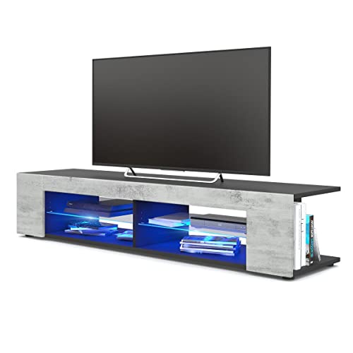 Vladon Lowboard Movie, TV-Kommode mit 4 offenen Fächern und Zierleisten, Schwarz matt/Beton Oxid-Optik, inkl. LED-Beleuchtung blau (134 x 29 x 39 cm) von Vladon