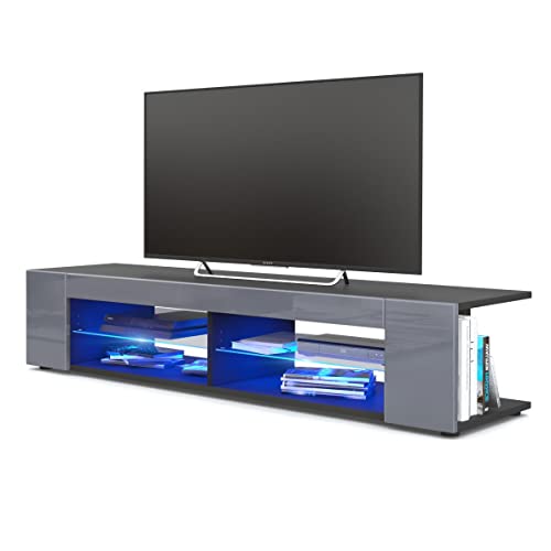 Vladon Lowboard Movie, TV-Kommode mit 4 offenen Fächern und Zierleisten, Schwarz matt/Grau Hochglanz, inkl. LED-Beleuchtung blau (134 x 29 x 39 cm) von Vladon