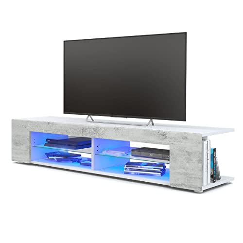 Vladon Lowboard Movie, TV-Kommode mit 4 offenen Fächern und Zierleisten, Weiß matt/Beton Oxid-Optik, inkl. LED-Beleuchtung blau (134 x 29 x 39 cm) von Vladon