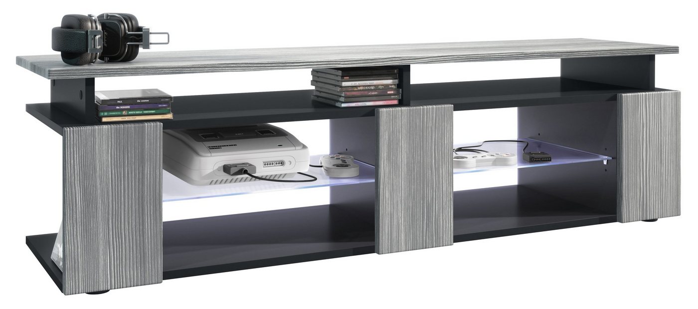 Vladon Lowboard Movie V2 (Lowboard + Tv-Aufsatz, mit insgesamt 8 Fächern inkl. LED-Beleuchtung), Schwarz matt/Avola-Anthrazit (138,5 x 39 x 39 cm) von Vladon