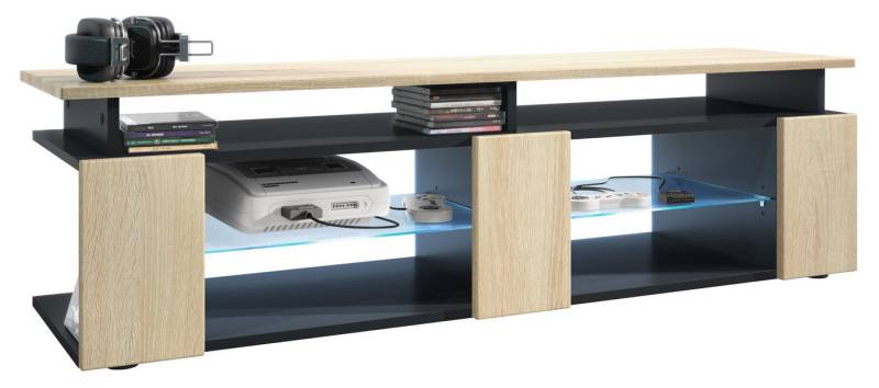Vladon Lowboard Movie V2 (Lowboard + Tv-Aufsatz, mit insgesamt 8 Fächern inkl. LED-Beleuchtung), Schwarz matt/Eiche sägerau (138,5 x 39 x 39 cm) von Vladon