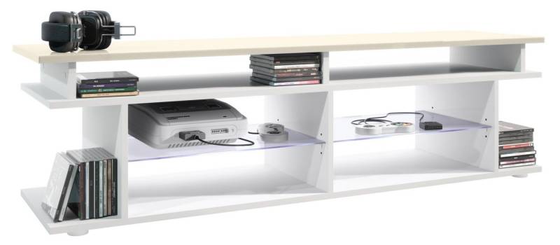 Vladon Lowboard Movie V3 (Lowboard + Tv-Aufsatz, mit insgesamt 8 Fächern inkl. LED-Beleuchtung), Weiß matt/Creme Hochglanz (138,5 x 39 x 37,5 cm) von Vladon