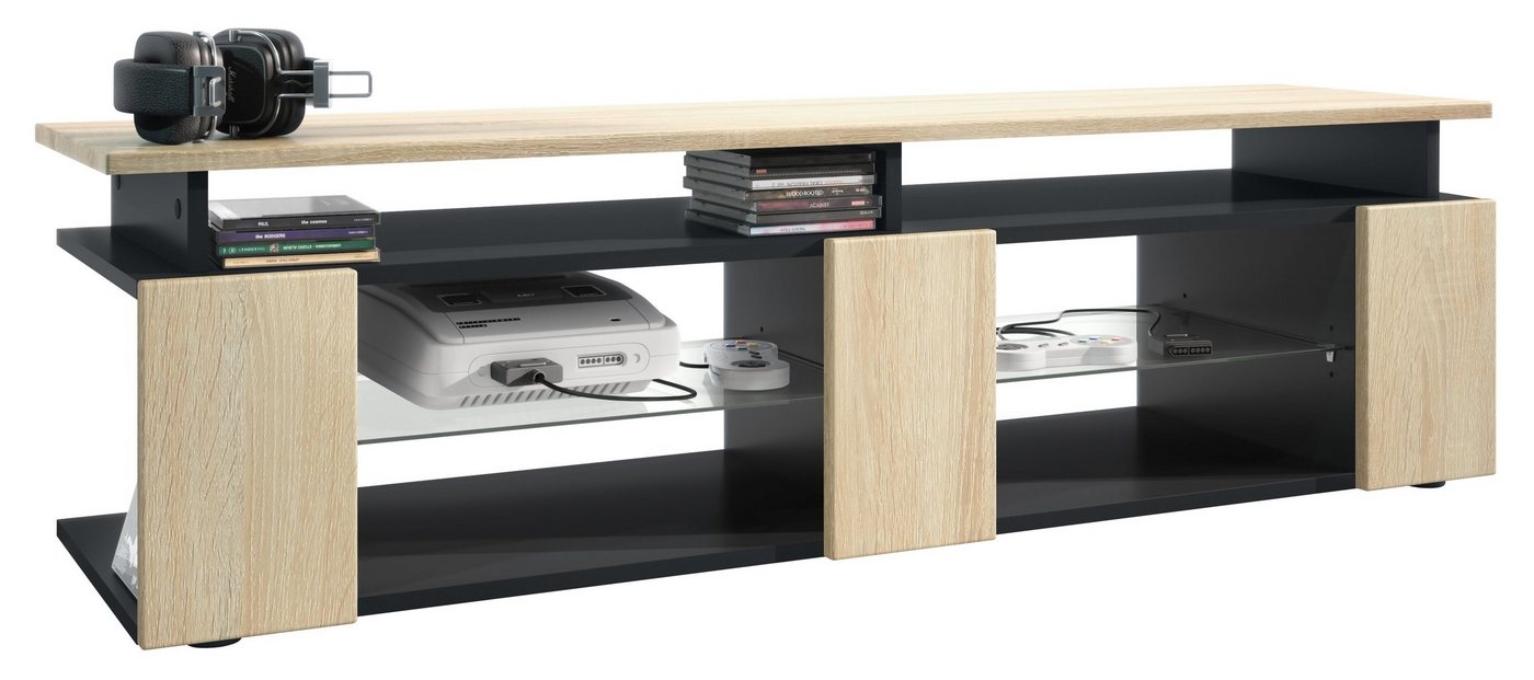 Vladon Lowboard Movie V2 (Lowboard + Tv-Aufsatz, mit insgesamt 8 Fächern), Schwarz matt/Eiche sägerau (138,5 x 39 x 39 cm) von Vladon