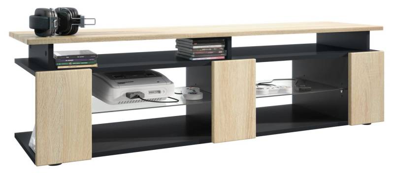 Vladon Lowboard Movie V2 (Lowboard + Tv-Aufsatz, mit insgesamt 8 Fächern), Schwarz matt/Eiche sägerau (138,5 x 39 x 39 cm) von Vladon